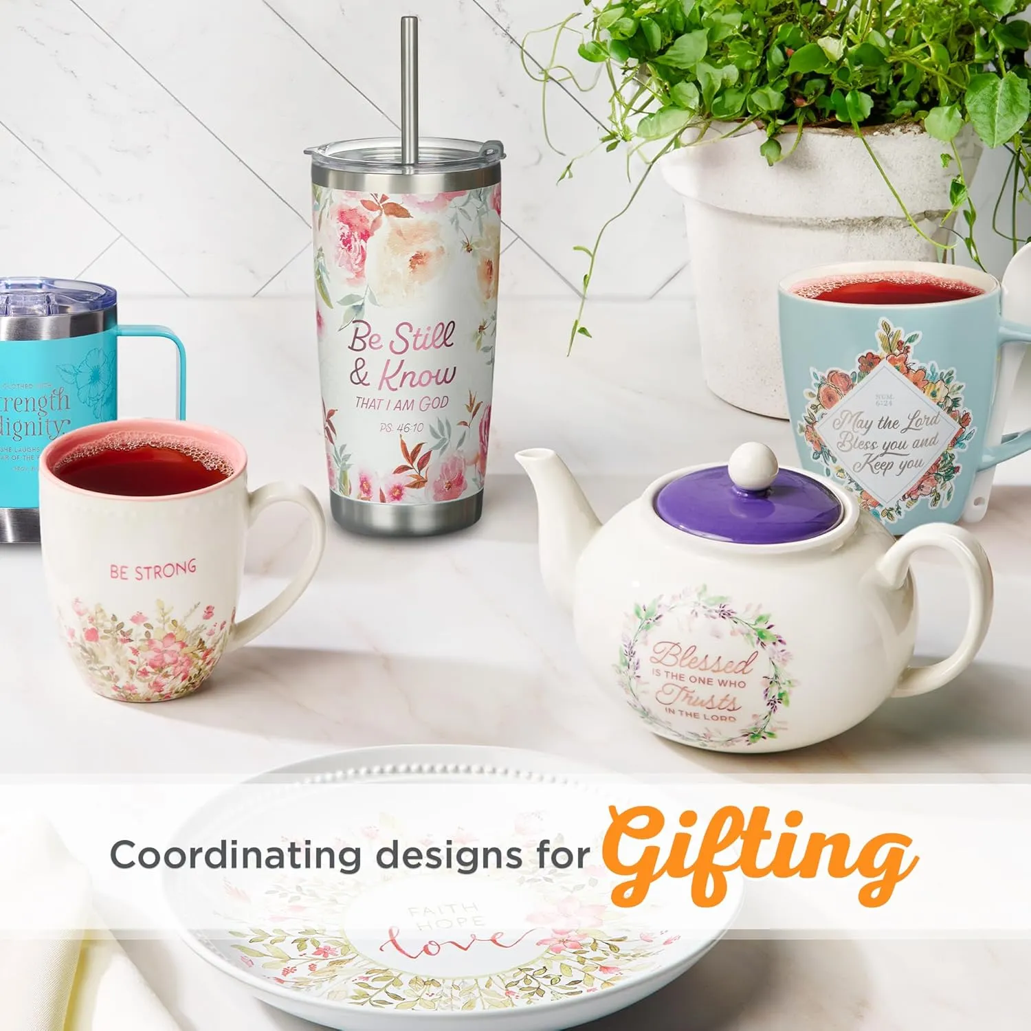 Christian Art Gifts Reusable Stainless Steel Scripture Travel Mug Tumbler w/Straw for Women: Be Still & Know, Double Wall Vacuum Insulated, Pop-up Lid, Hot/Cold, White & Peach Multicolor Floral, 18 oz