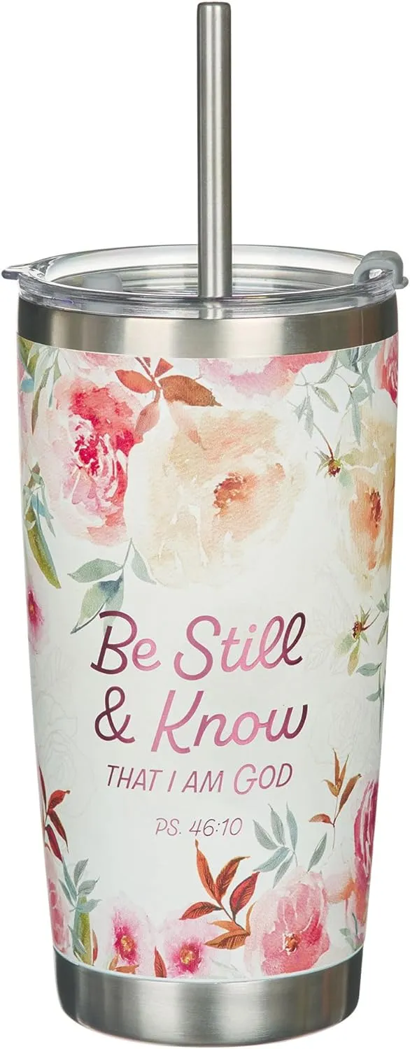 Christian Art Gifts Reusable Stainless Steel Scripture Travel Mug Tumbler w/Straw for Women: Be Still & Know, Double Wall Vacuum Insulated, Pop-up Lid, Hot/Cold, White & Peach Multicolor Floral, 18 oz