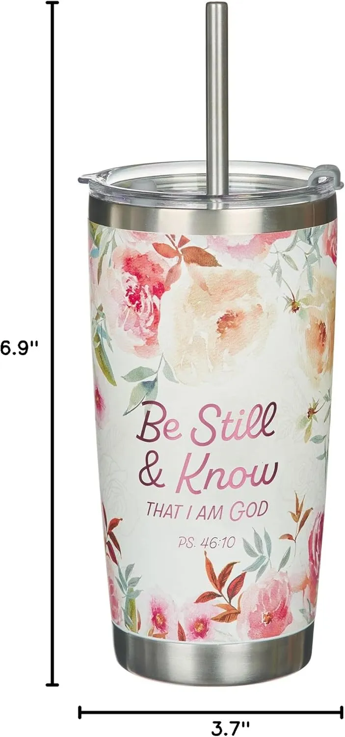 Christian Art Gifts Reusable Stainless Steel Scripture Travel Mug Tumbler w/Straw for Women: Be Still & Know, Double Wall Vacuum Insulated, Pop-up Lid, Hot/Cold, White & Peach Multicolor Floral, 18 oz