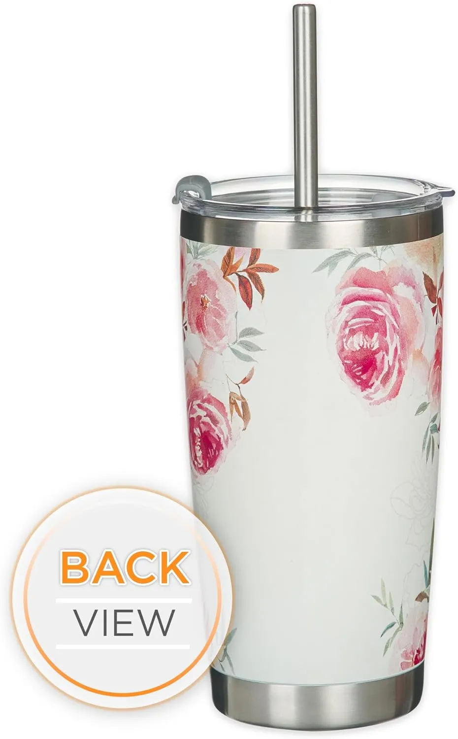 Christian Art Gifts Reusable Stainless Steel Scripture Travel Mug Tumbler w/Straw for Women: Be Still & Know, Double Wall Vacuum Insulated, Pop-up Lid, Hot/Cold, White & Peach Multicolor Floral, 18 oz