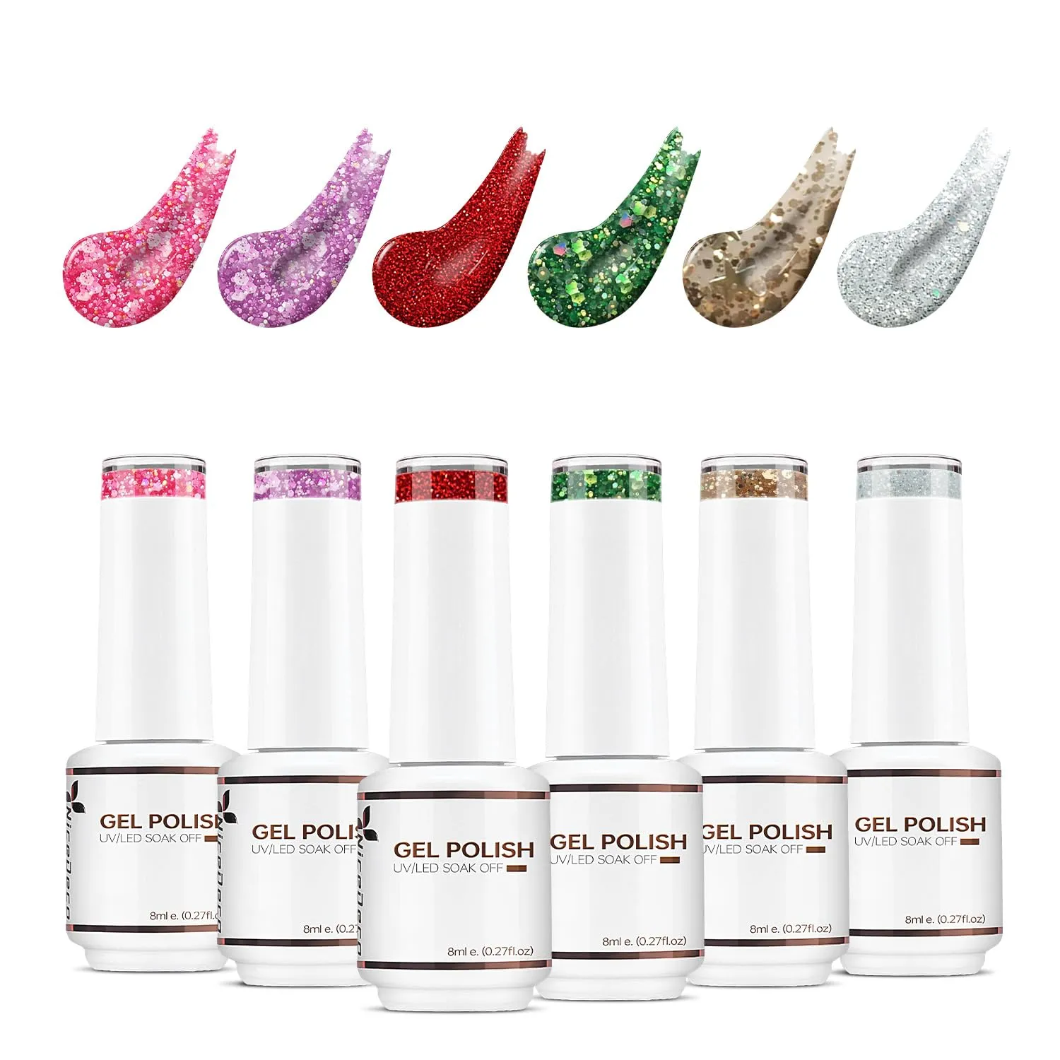 Christmas Gel Nail Polish 6 Pcs 8ml Pink Red Purple Green Golden Glitter Color Soak Off LED U V Gel Nail Kit Manicure DIY Home for Women