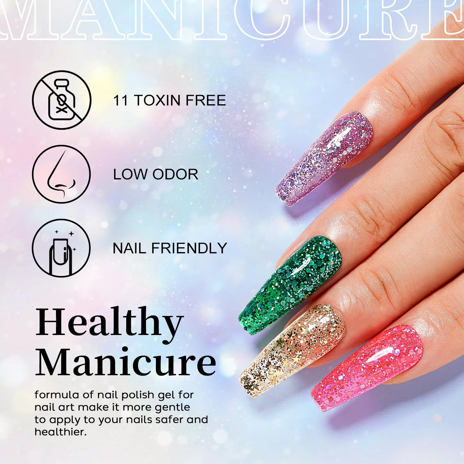 Christmas Gel Nail Polish 6 Pcs 8ml Pink Red Purple Green Golden Glitter Color Soak Off LED U V Gel Nail Kit Manicure DIY Home for Women