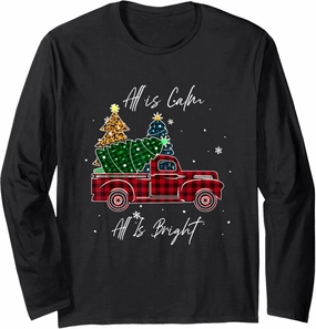 Christmas All Is Calm All Is Bright Red Plaid Truck Long Sleeve T-Shirt