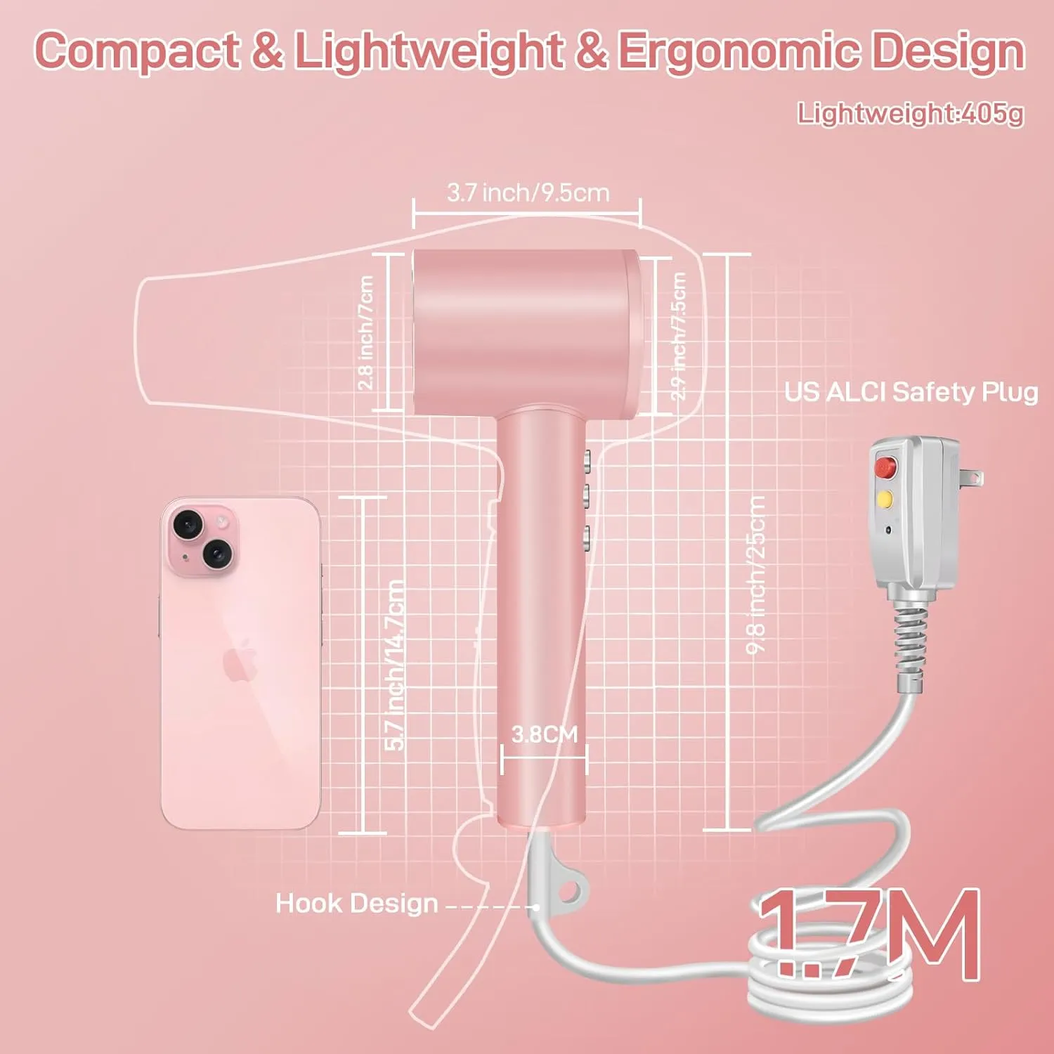 CIICII Negative Ionic Hair Dryer Professional, 120000RPM High Speed Blow Dryer (1600W Brushless/ 3-Speed/ 4-Temp & HD Display & Portable Bag) Fast Drying Hairdryer for Home, Travel & Salon (Pink)