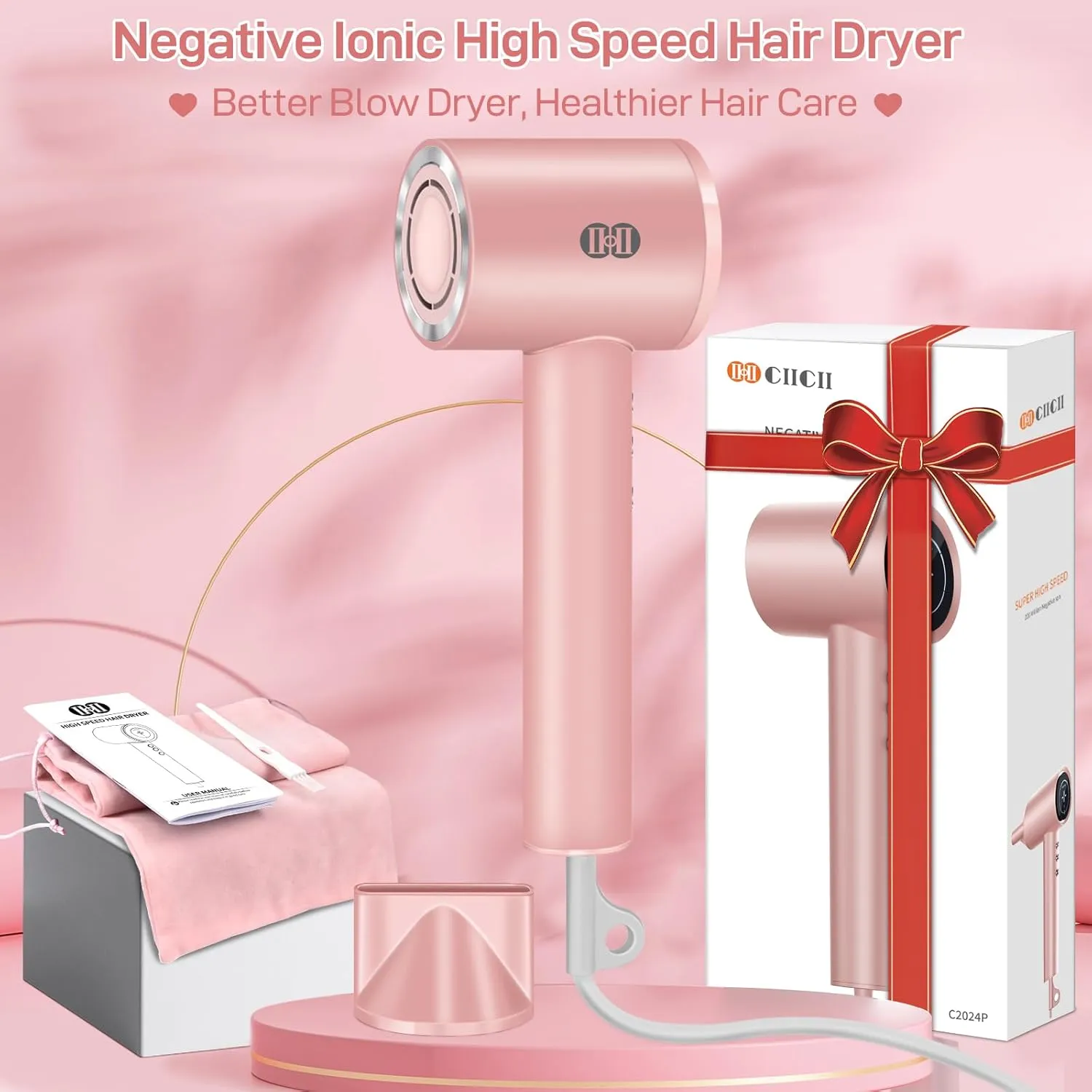 CIICII Negative Ionic Hair Dryer Professional, 120000RPM High Speed Blow Dryer (1600W Brushless/ 3-Speed/ 4-Temp & HD Display & Portable Bag) Fast Drying Hairdryer for Home, Travel & Salon (Pink)