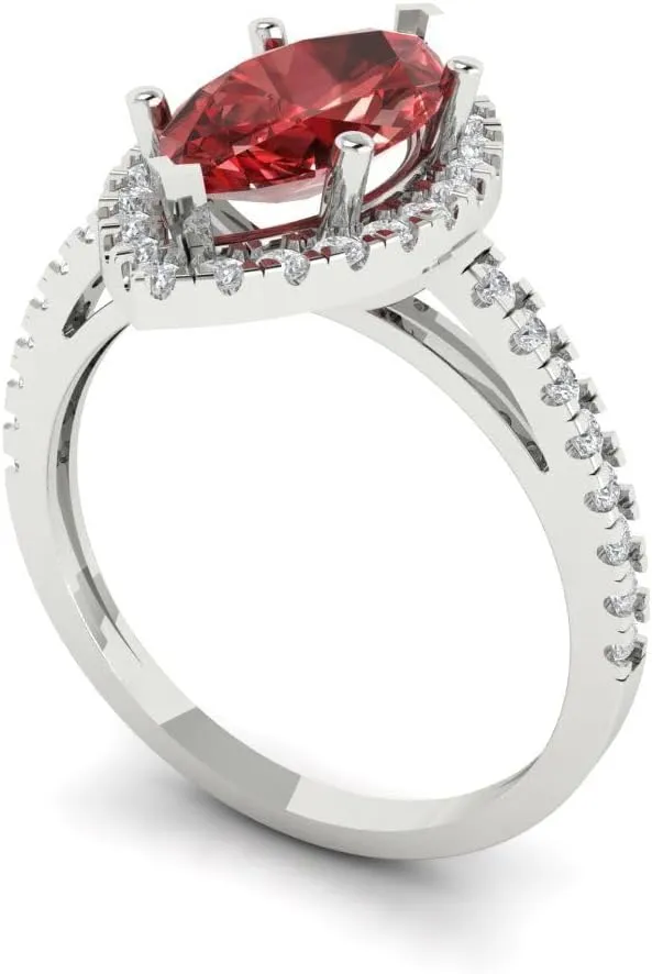 Clara Pucci 2.32ct Marquise Cut Solitaire Halo Crimson Deep Red Garnet Designer Wedding Bridal art deco Anniversary Ring 14k White Gold