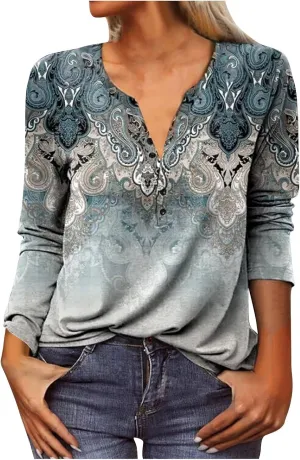 Classic Oversized School Tops for Women Three Quarter Sleeve Summer Floral Softest Tee Thin V Neck Relaxed