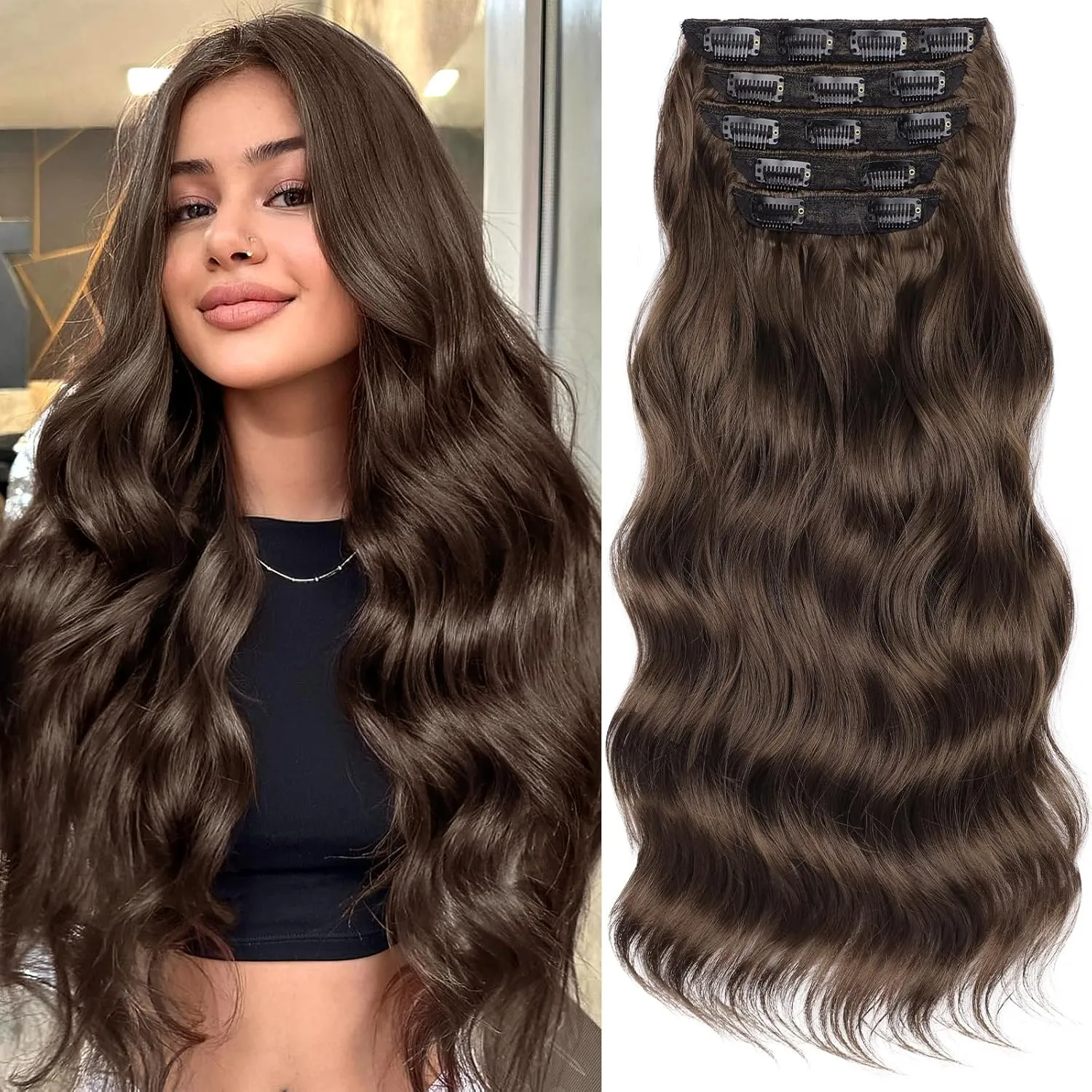Clip in Hair Extensions 5 PCS Long Wavy Invisible Full Coverage Edges Seamless Natural & Soft Hair & Blends Well Hairpieces for Women, (20Inch Balayage Chocolate Brown to Caramel Blonde)