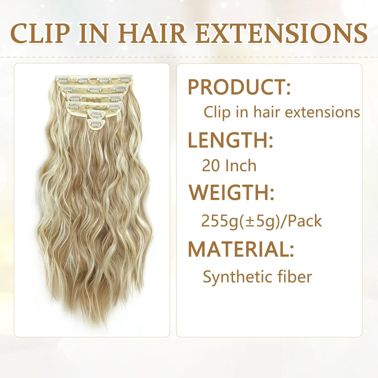 Clip in Hair Extensions for Women, 6PCS Long Wavy Curly Clip on Hair Extensions 20 Inch Dark Ash Blonde Mixed Bleach Blonde Synthetic Hairpieces