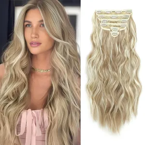 Clip in Hair Extensions for Women, 6PCS Long Wavy Curly Clip on Hair Extensions 20 Inch Dark Ash Blonde Mixed Bleach Blonde Synthetic Hairpieces