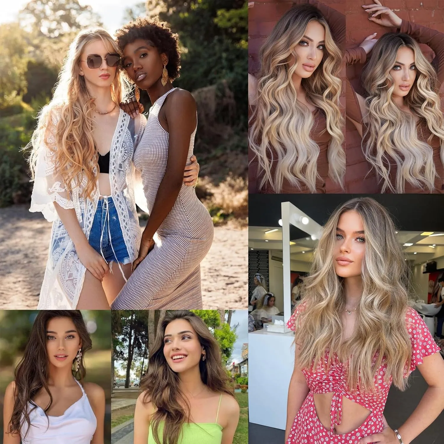 Clip in Hair Extensions for Women, 6PCS Long Wavy Curly Clip on Hair Extensions 20 Inch Dark Ash Blonde Mixed Bleach Blonde Synthetic Hairpieces