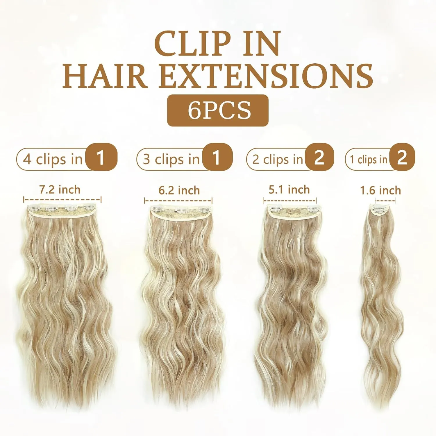 Clip in Hair Extensions for Women, 6PCS Long Wavy Curly Clip on Hair Extensions 20 Inch Dark Ash Blonde Mixed Bleach Blonde Synthetic Hairpieces