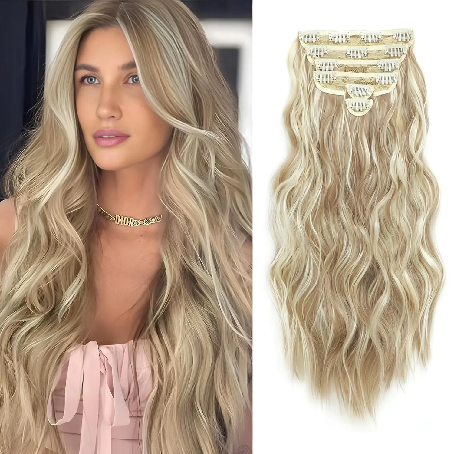 Clip in Hair Extensions for Women, 6PCS Long Wavy Curly Clip on Hair Extensions 20 Inch Dark Ash Blonde Mixed Bleach Blonde Synthetic Hairpieces