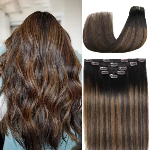 Clip in Hair Extensions Real Human Hair 14 Inch 80g/2.82oz Balayage Dark Brown to Chestnut Brown Remy Human Hair Soft,Natural 5pcs #2/6/2 Clip in Extensions for Women
