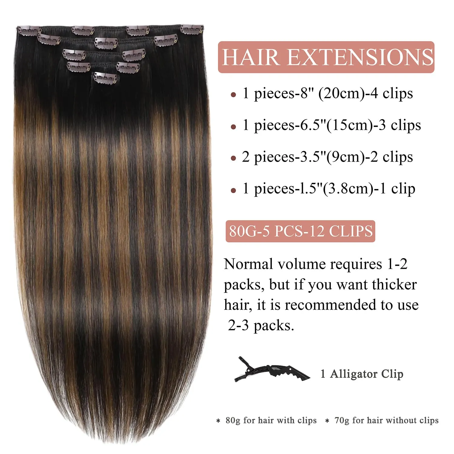 Clip in Hair Extensions Real Human Hair 14 Inch 80g/2.82oz Balayage Dark Brown to Chestnut Brown Remy Human Hair Soft,Natural 5pcs #2/6/2 Clip in Extensions for Women