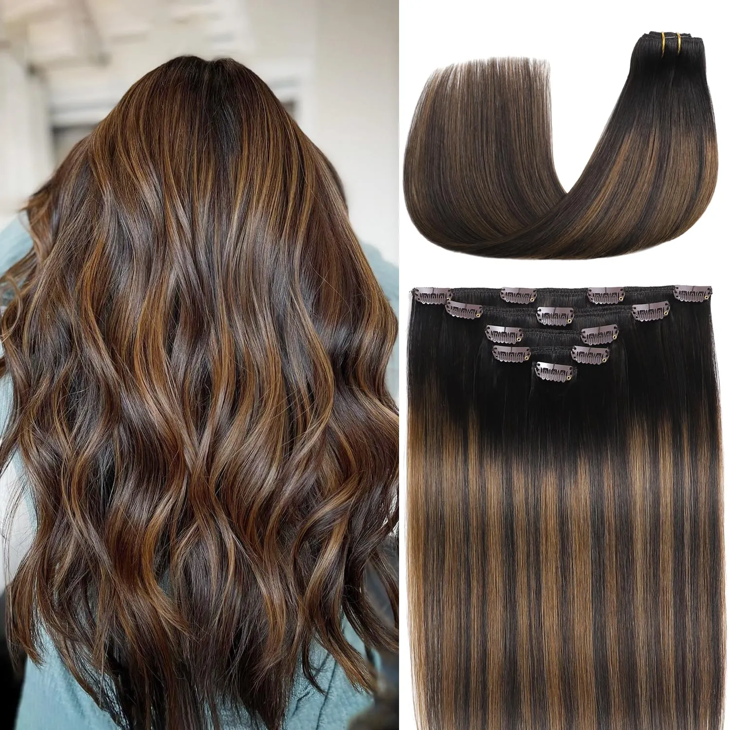 Clip in Hair Extensions Real Human Hair 14 Inch 80g/2.82oz Balayage Dark Brown to Chestnut Brown Remy Human Hair Soft,Natural 5pcs #2/6/2 Clip in Extensions for Women