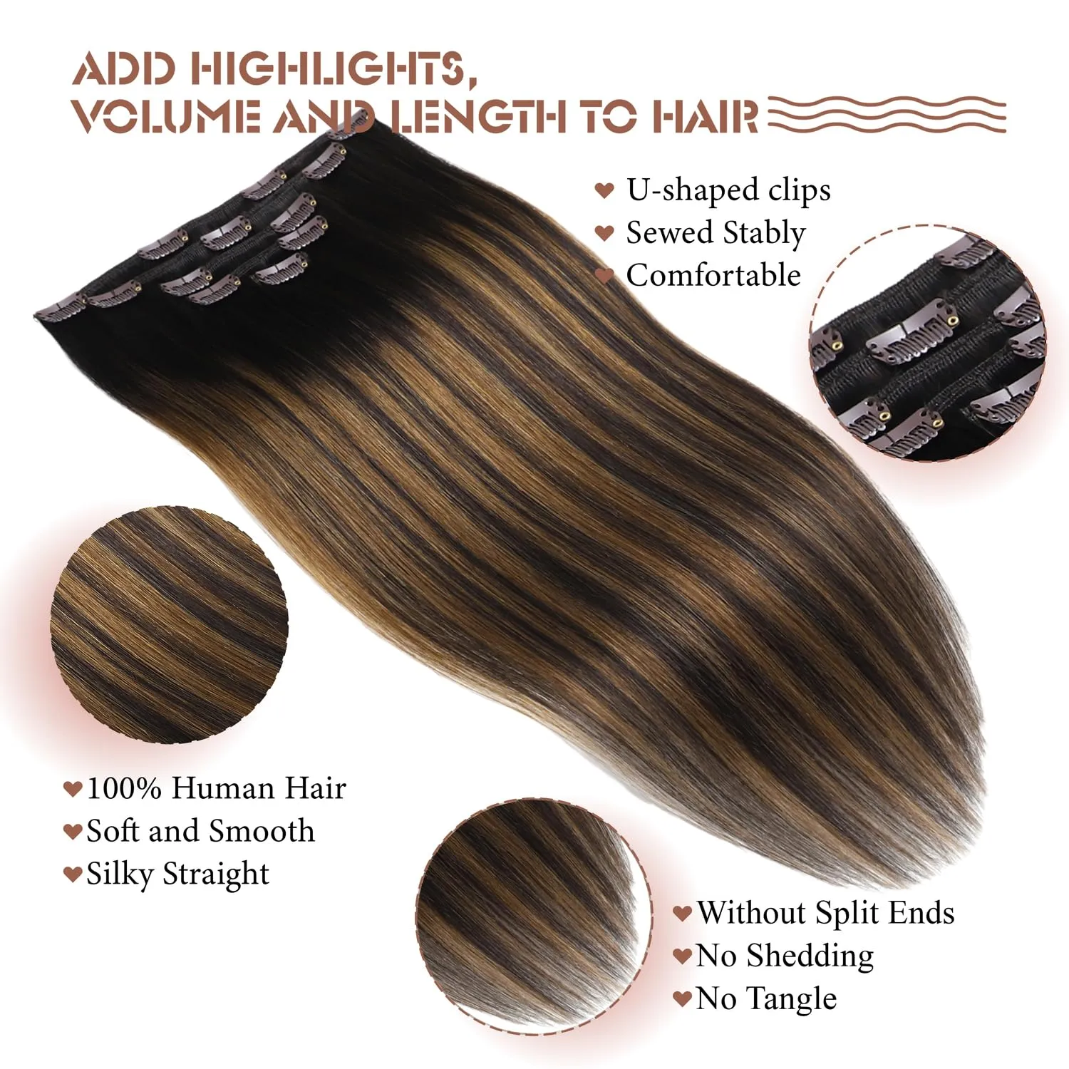 Clip in Hair Extensions Real Human Hair 14 Inch 80g/2.82oz Balayage Dark Brown to Chestnut Brown Remy Human Hair Soft,Natural 5pcs #2/6/2 Clip in Extensions for Women