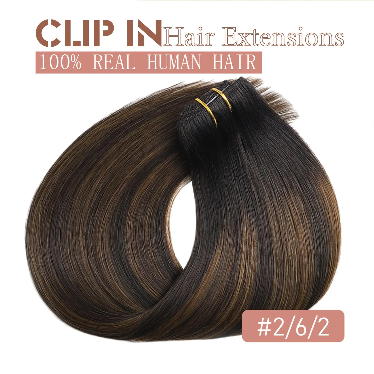 Clip in Hair Extensions Real Human Hair 14 Inch 80g/2.82oz Balayage Dark Brown to Chestnut Brown Remy Human Hair Soft,Natural 5pcs #2/6/2 Clip in Extensions for Women