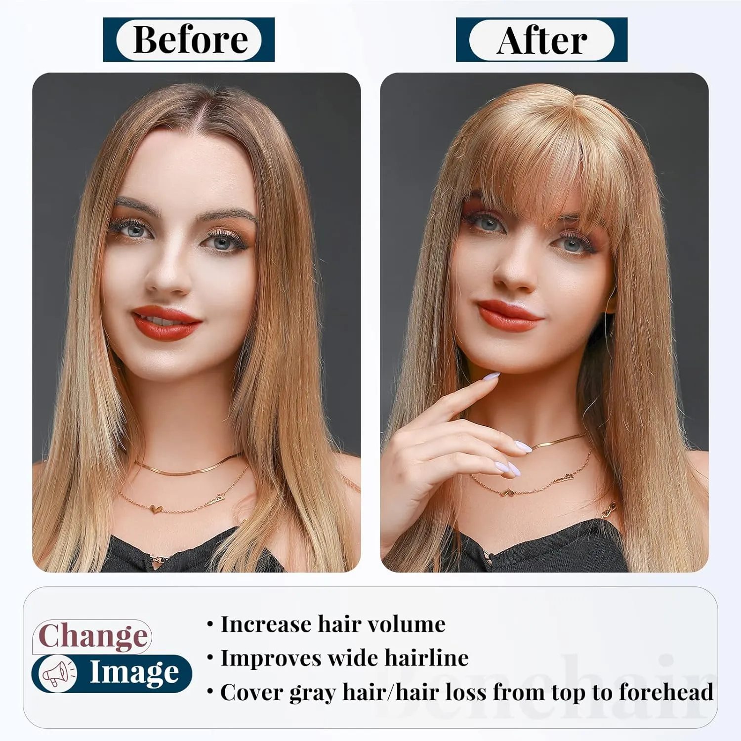Clip on Topper Hair Extension with Thin Bang 12inch Human Hair Hand Made Silk Base wiglets Straight Soft Hair Extension for Women Hair Loss Thinning Light Brown #6
