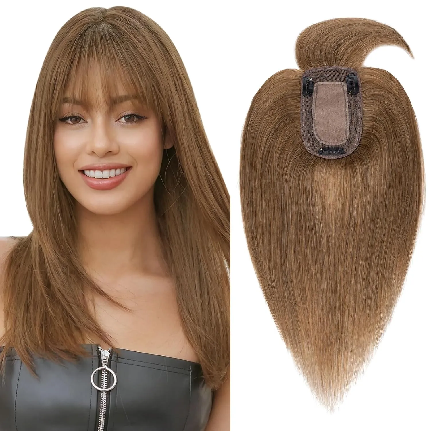Clip on Topper Hair Extension with Thin Bang 12inch Human Hair Hand Made Silk Base wiglets Straight Soft Hair Extension for Women Hair Loss Thinning Light Brown #6