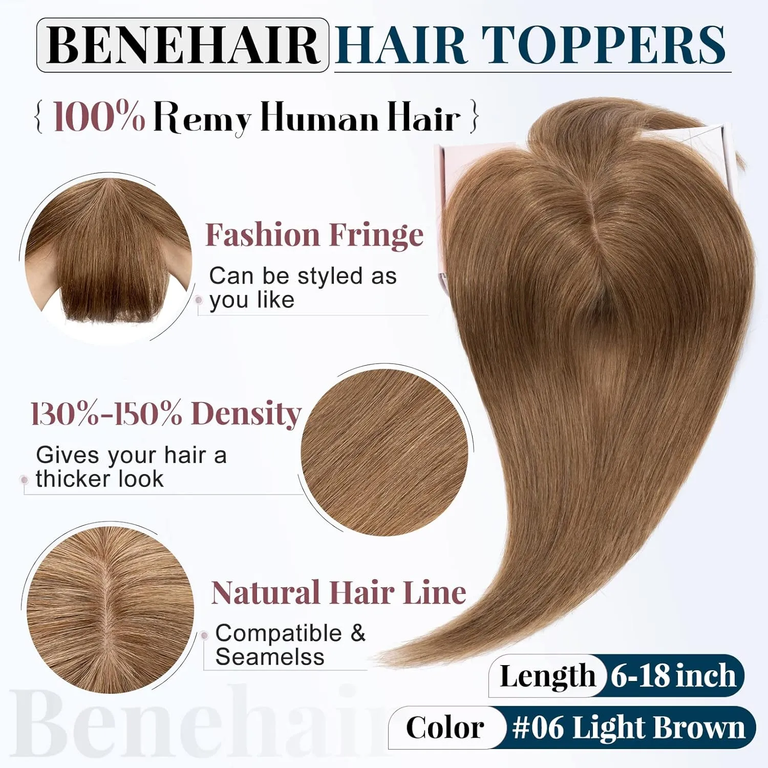 Clip on Topper Hair Extension with Thin Bang 12inch Human Hair Hand Made Silk Base wiglets Straight Soft Hair Extension for Women Hair Loss Thinning Light Brown #6