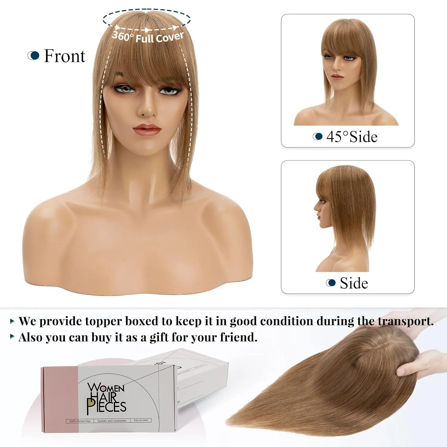 Clip on Topper Hair Extension with Thin Bang 12inch Human Hair Hand Made Silk Base wiglets Straight Soft Hair Extension for Women Hair Loss Thinning Light Brown #6