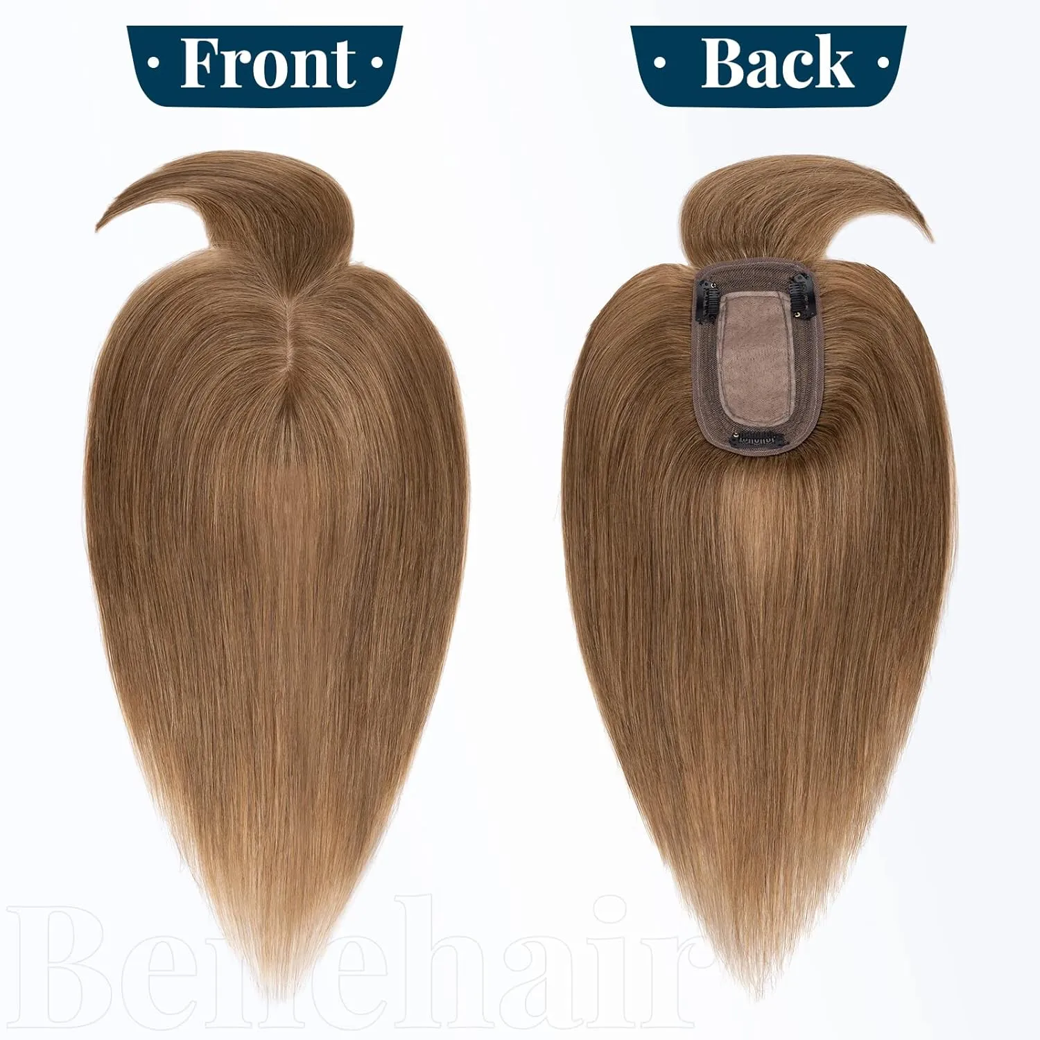 Clip on Topper Hair Extension with Thin Bang 12inch Human Hair Hand Made Silk Base wiglets Straight Soft Hair Extension for Women Hair Loss Thinning Light Brown #6