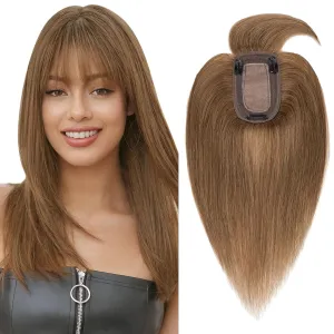 Clip on Topper Hair Extension with Thin Bang 12inch Human Hair Hand Made Silk Base wiglets Straight Soft Hair Extension for Women Hair Loss Thinning Light Brown #6