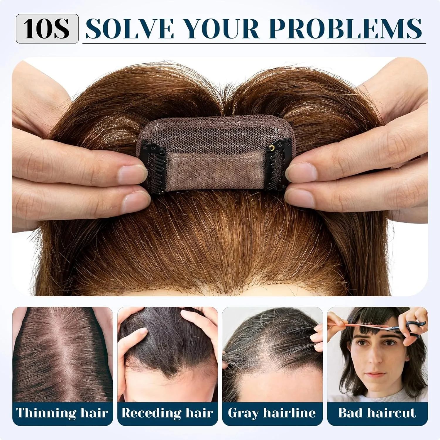 Clip on Topper Hair Extension with Thin Bang 12inch Human Hair Hand Made Silk Base wiglets Straight Soft Hair Extension for Women Hair Loss Thinning Light Brown #6