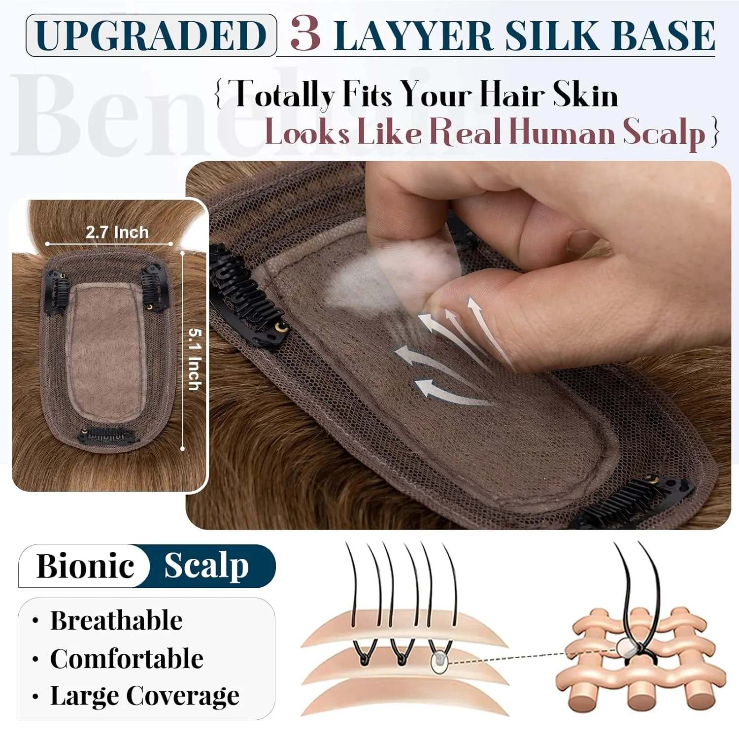 Clip on Topper Hair Extension with Thin Bang 12inch Human Hair Hand Made Silk Base wiglets Straight Soft Hair Extension for Women Hair Loss Thinning Light Brown #6