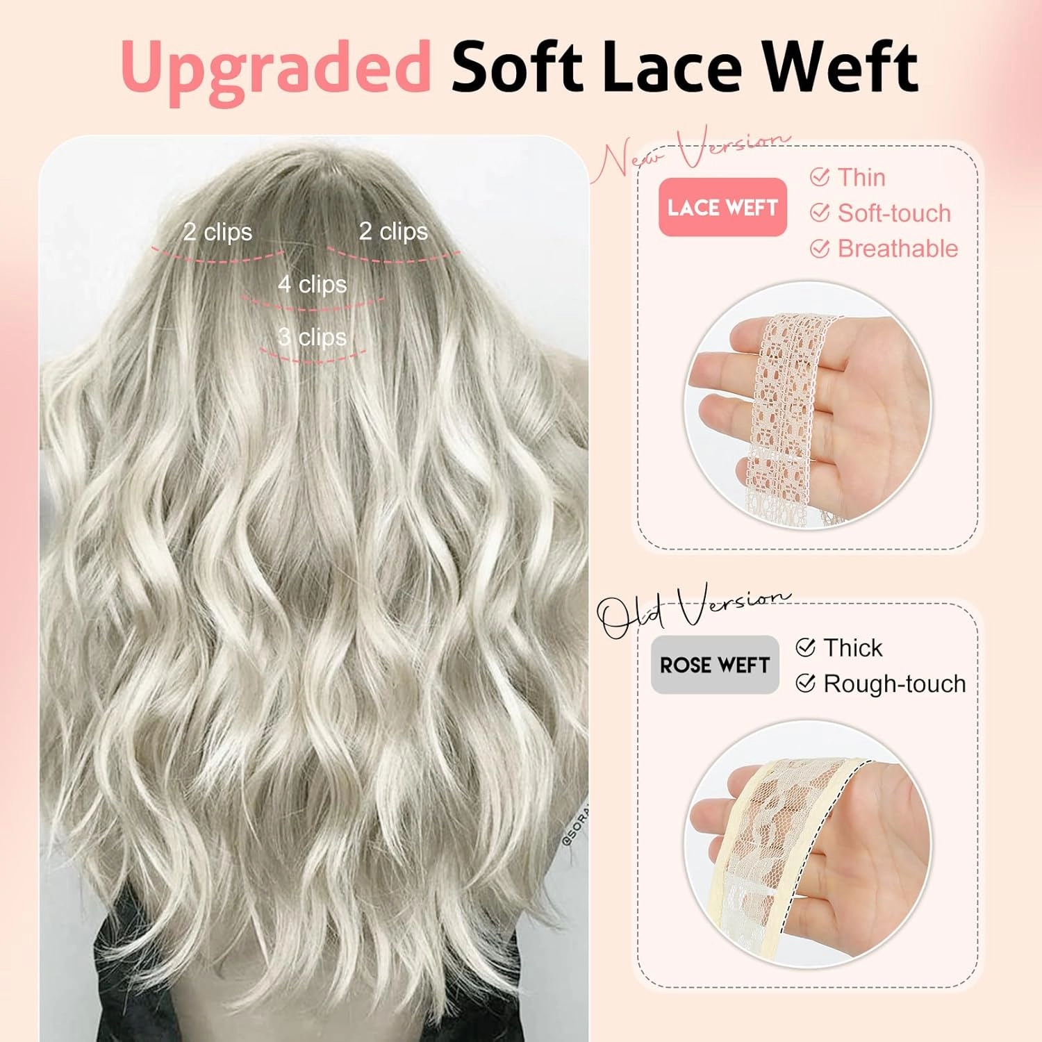 Clip in Hair Extensions 12 Inch Short Curly Wavy 4PCS Invisible Lace Weft Natural Soft Hairpieces for Women - White Blonde