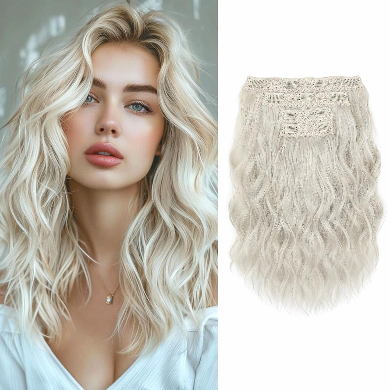 Clip in Hair Extensions 12 Inch Short Curly Wavy 4PCS Invisible Lace Weft Natural Soft Hairpieces for Women - White Blonde