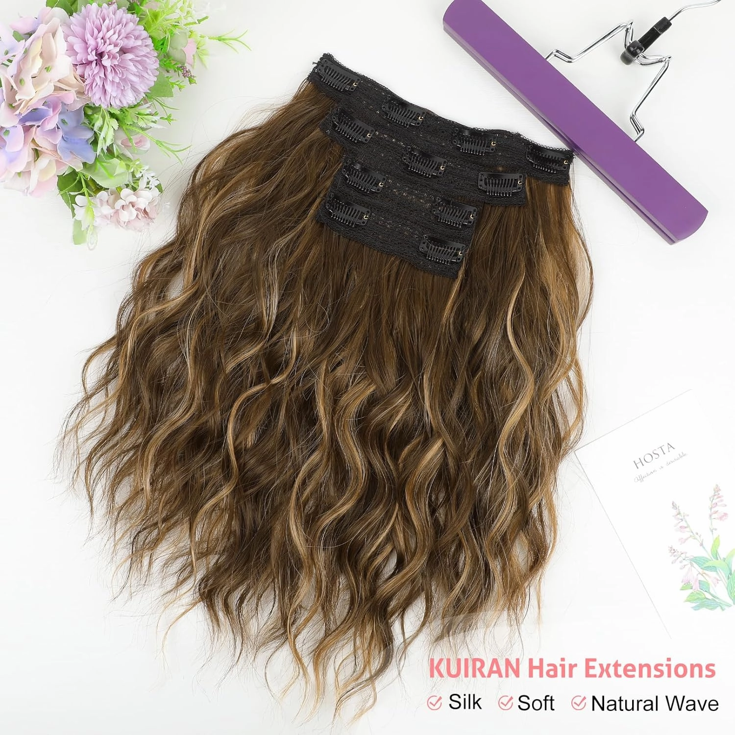Clip in Hair Extensions - 12" Short Wavy Hair Extensions, 4PCS Invisible Lace Weft Natural Soft Hairpieces for Women - Matte Ash Brown with Highlights