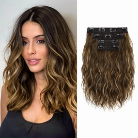 Clip in Hair Extensions - 12" Short Wavy Hair Extensions, 4PCS Invisible Lace Weft Natural Soft Hairpieces for Women - Matte Ash Brown with Highlights