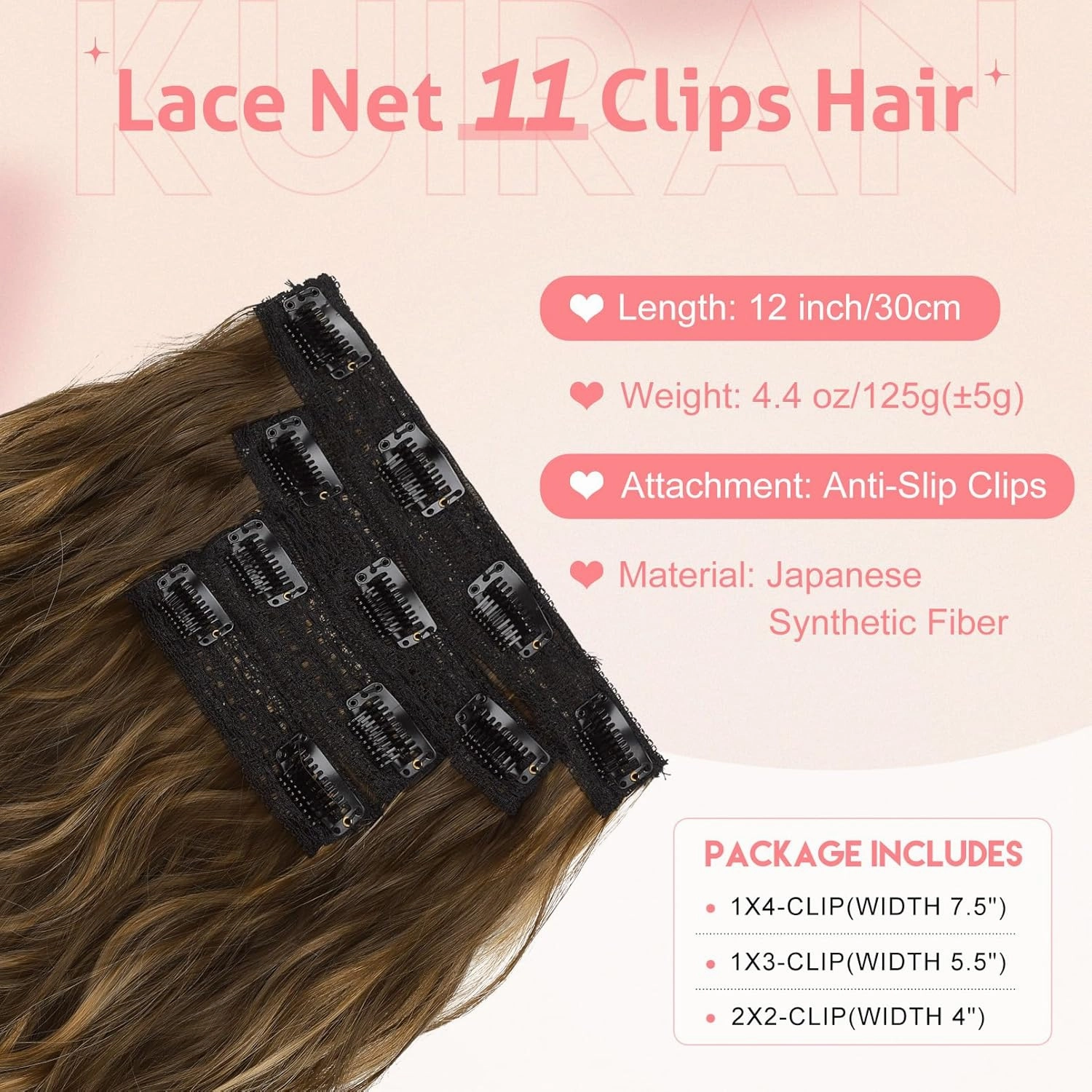 Clip in Hair Extensions - 12" Short Wavy Hair Extensions, 4PCS Invisible Lace Weft Natural Soft Hairpieces for Women - Matte Ash Brown with Highlights