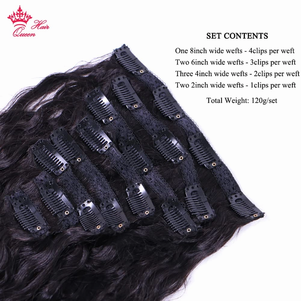 Clip in Hair Extensions for Black Women Water Wave Human Hair Clip in Hair Extensions Natural Black Color Full Head Brazilian Virgin Hair 8/Pcs with 18Clips 120 Gram / Set Queen Hair Products (14inches, Water Wave)
