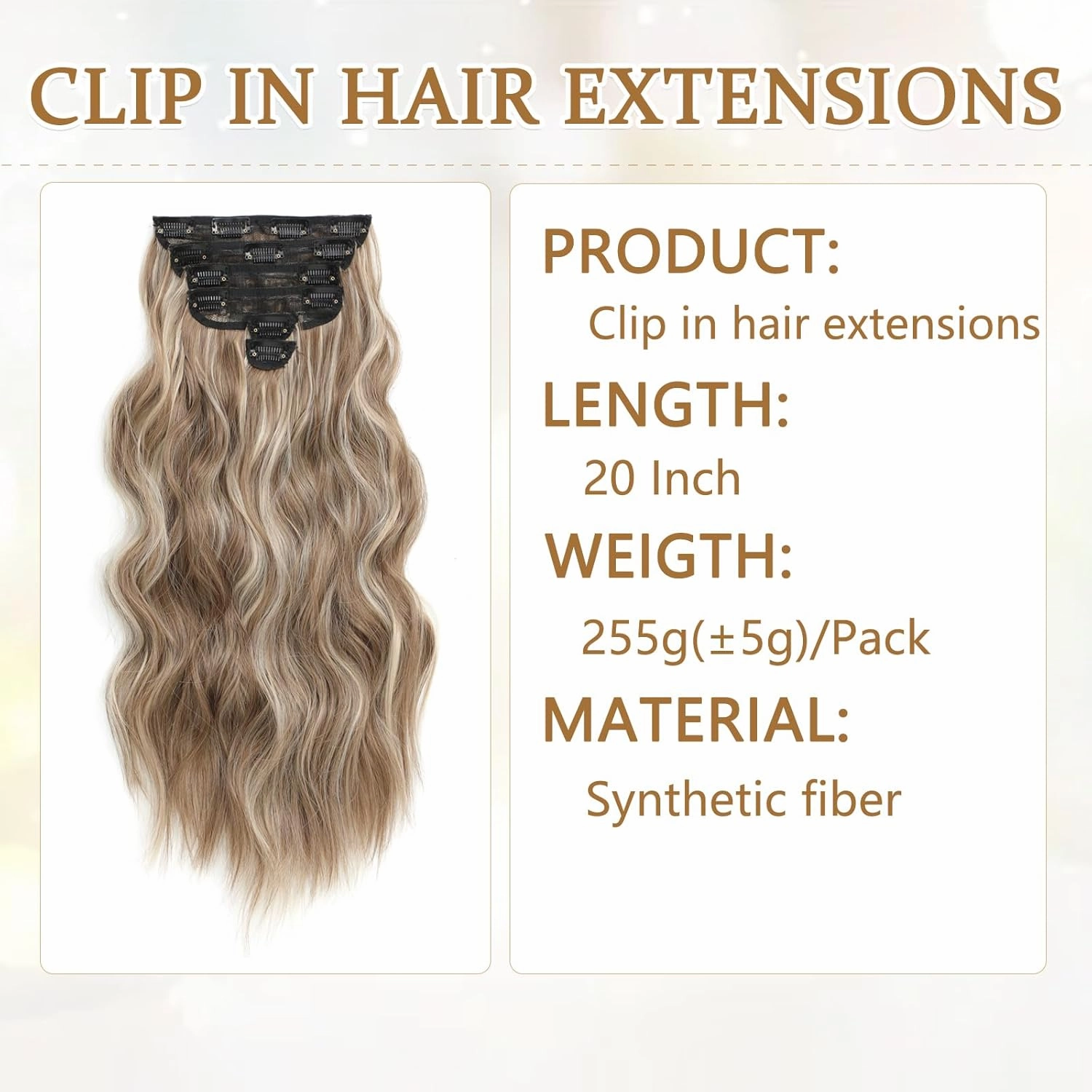 Clip in Hair Extensions for Women, 6PCS Long Wavy Curly Clip on Hair Extensions 20 Inch Ash Brown Mixed Ash Blonde Synthetic Hairpieces