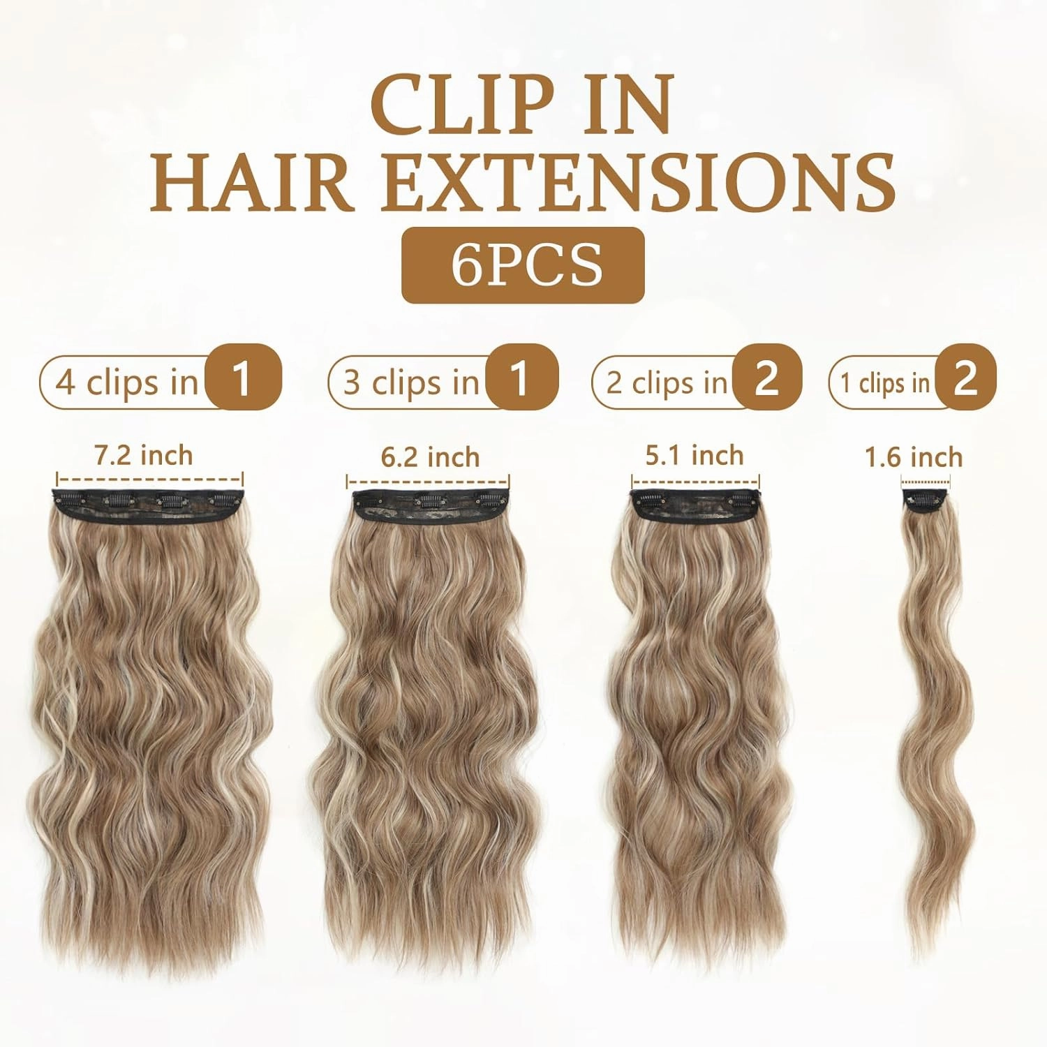 Clip in Hair Extensions for Women, 6PCS Long Wavy Curly Clip on Hair Extensions 20 Inch Ash Brown Mixed Ash Blonde Synthetic Hairpieces