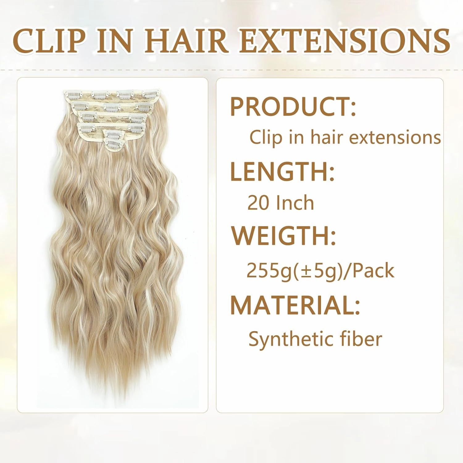 Clip in Hair Extensions for Women, 6PCS Long Wavy Curly Clip on Hair Extensions 20 Inch Blonde Mixed Bleach Blonde Synthetic Hairpieces