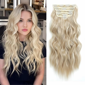 Clip in Hair Extensions for Women, 6PCS Long Wavy Curly Clip on Hair Extensions 20 Inch Blonde Mixed Bleach Blonde Synthetic Hairpieces