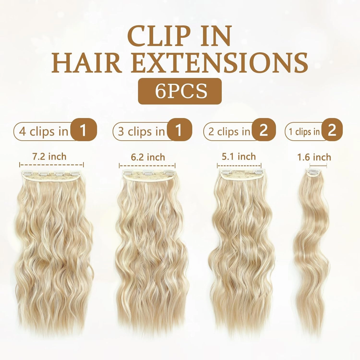 Clip in Hair Extensions for Women, 6PCS Long Wavy Curly Clip on Hair Extensions 20 Inch Blonde Mixed Bleach Blonde Synthetic Hairpieces