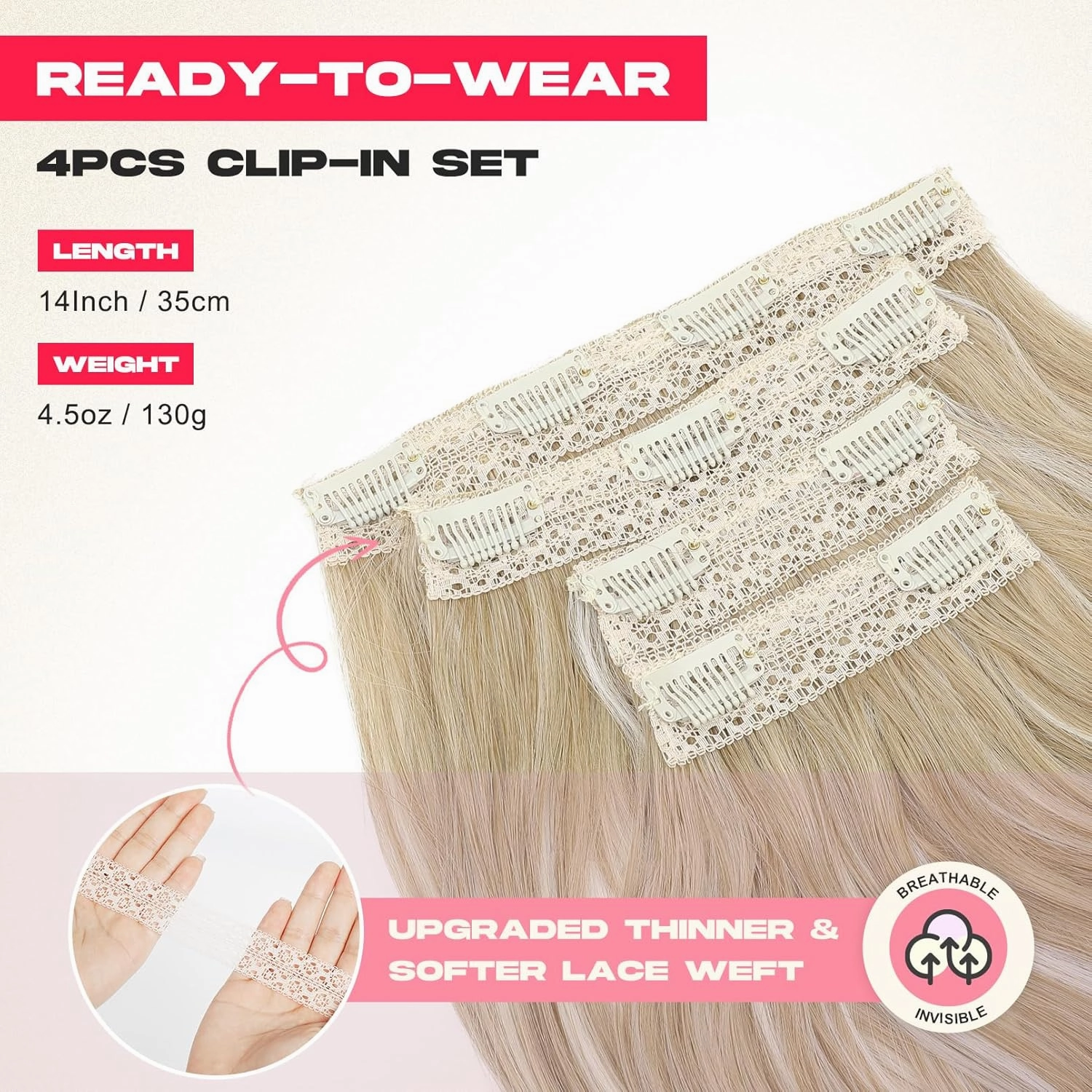 Clip in Hair Extensionss, 4PCS Hair Extensions 14" Short Layered Cut Hair Extensions Invisible Lace Weft Natural Soft Hairpieces for Women - Ash Blonde with Highlights