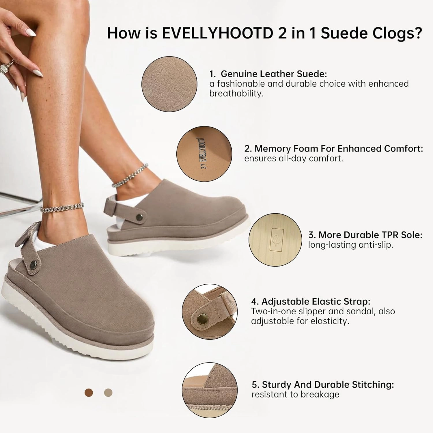 Clogs for Women Platform Genuine Leather Suede Women's Mules & Clogs with Strap Slip on Shoes Sandals Arch Support Adjustable Slip-On Indoor and Outdoor