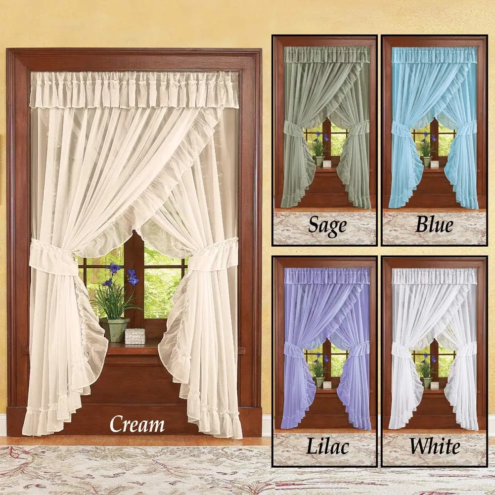 Collections Etc Isabella Ruffled Sheer Fabric Rod Pocket Window Curtain Set, White