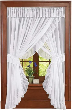 Collections Etc Isabella Ruffled Sheer Fabric Rod Pocket Window Curtain Set, White