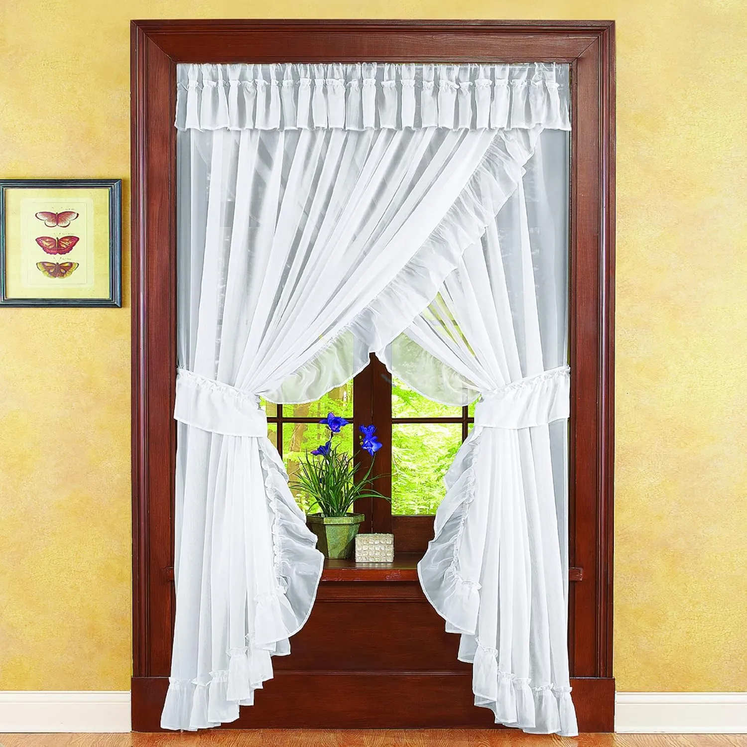 Collections Etc Isabella Ruffled Sheer Fabric Rod Pocket Window Curtain Set, White