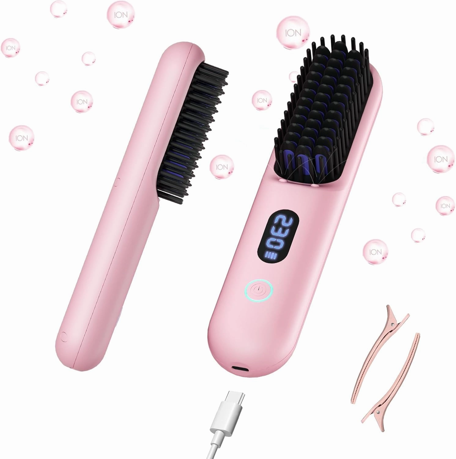 Cordless Hair Straightener Brush - Portable Straightener Brush with 9 Temp Settings, Mini Straightening Comb for Travel, 9600mAh Rechargeable Batt & 224 Million Negative Ions (Pink)