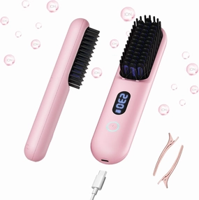 Cordless Hair Straightener Brush - Portable Straightener Brush with 9 Temp Settings, Mini Straightening Comb for Travel, 9600mAh Rechargeable Batt & 224 Million Negative Ions (Pink)