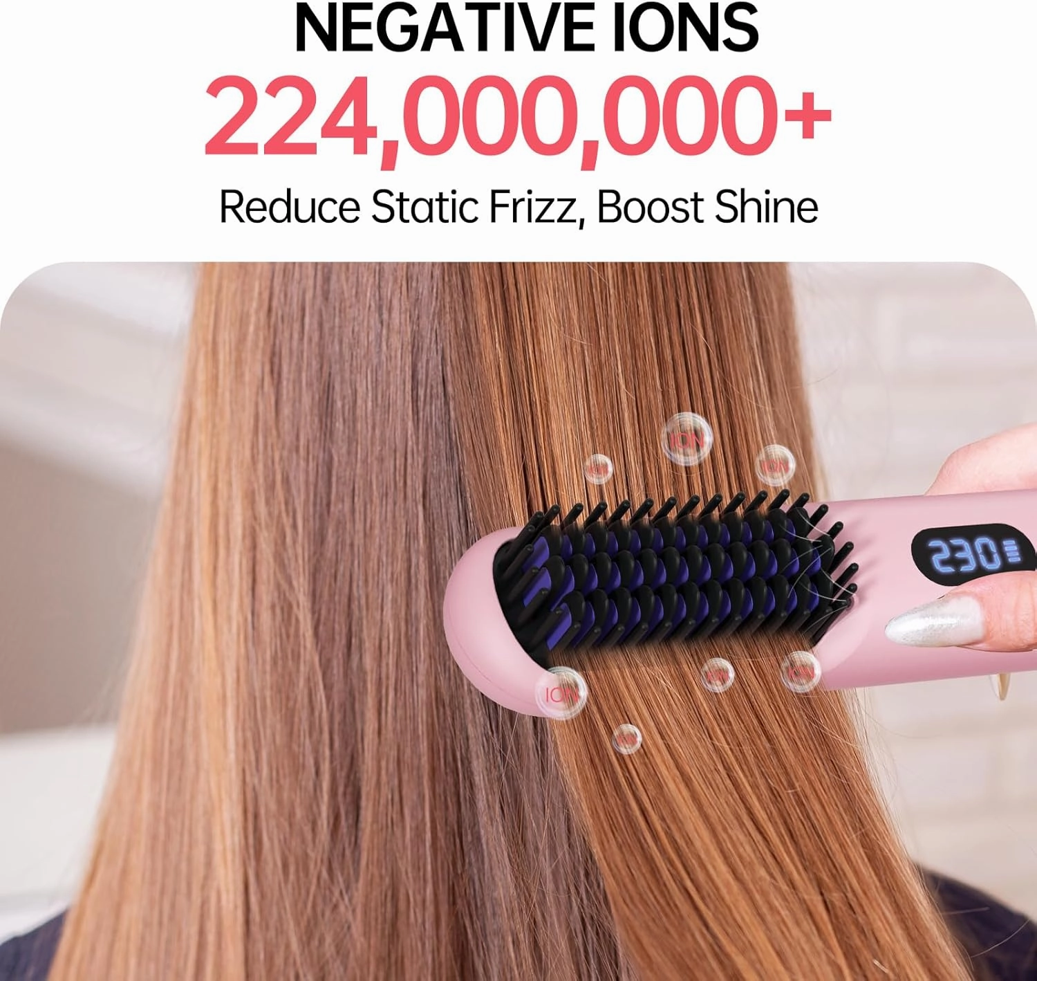 Cordless Hair Straightener Brush - Portable Straightener Brush with 9 Temp Settings, Mini Straightening Comb for Travel, 9600mAh Rechargeable Batt & 224 Million Negative Ions (Pink)