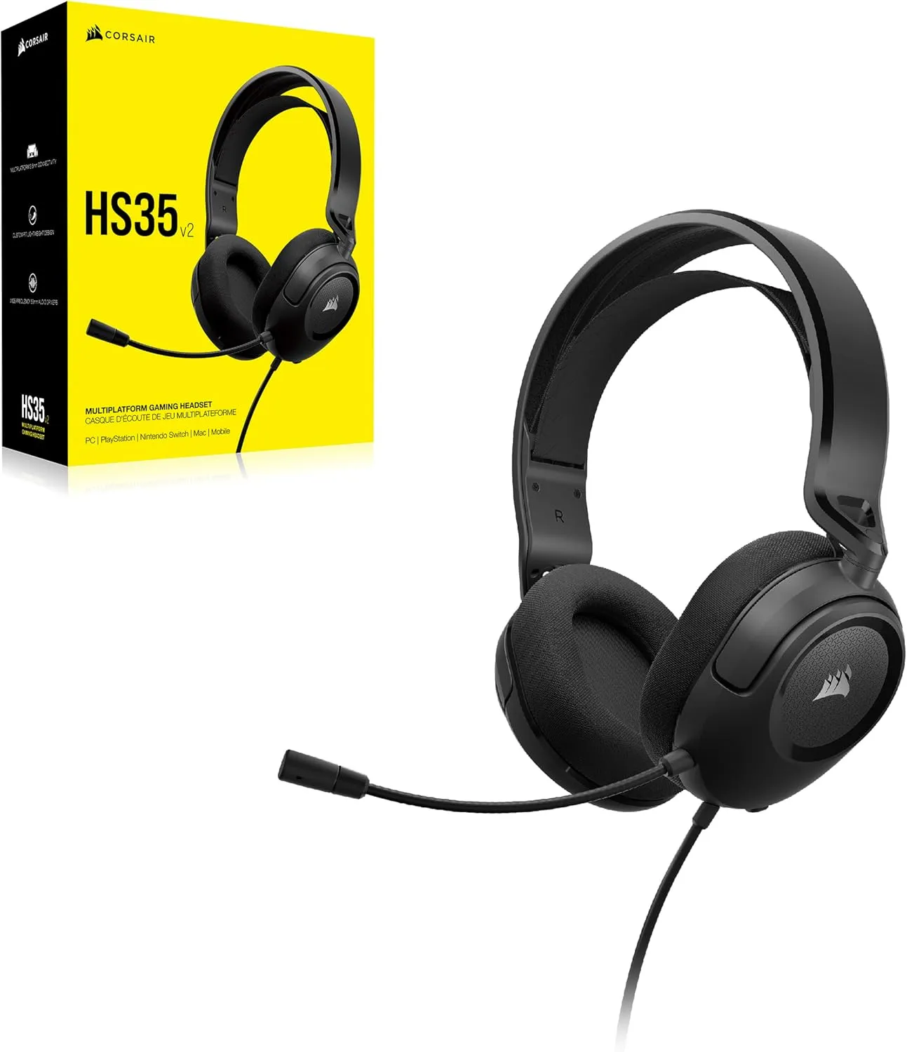Corsair HS35 v2 Multiplatform Wired Gaming Headset – Flexible Omni-Directional Microphone – Universal 3.5mm Connection – PC, Mac, PS5, PS4, Xbox, Nintendo Switch, Mobile – Carbon